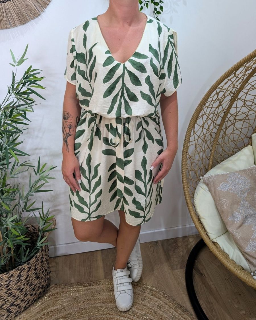 Robe femme droite écrue et verte Ismérie