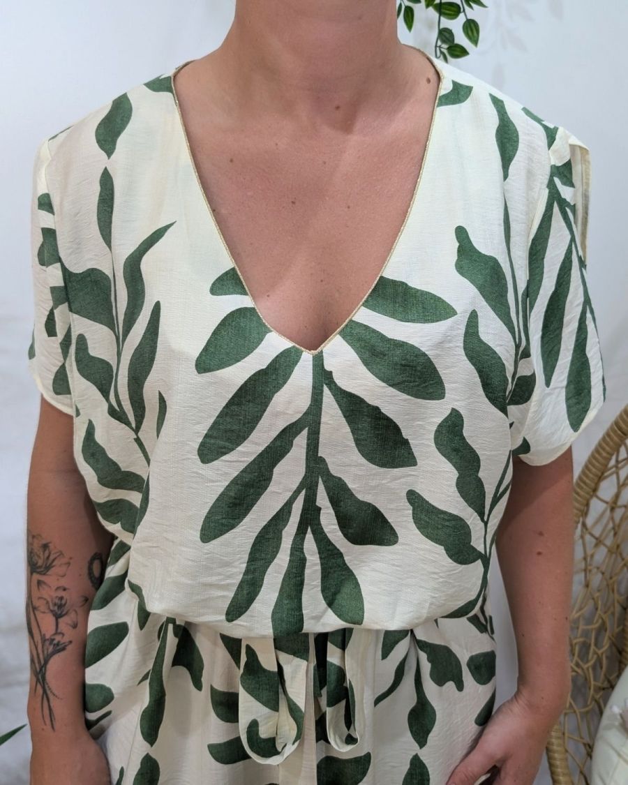 Robe femme droite écrue et verte Ismérie