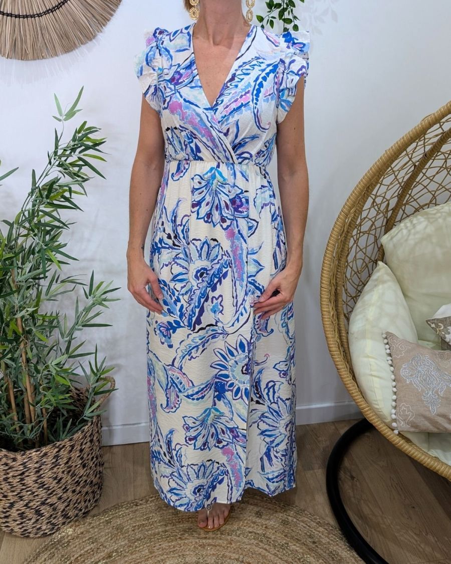 Robe longue femme écrue motifs bleus mauves Silwen