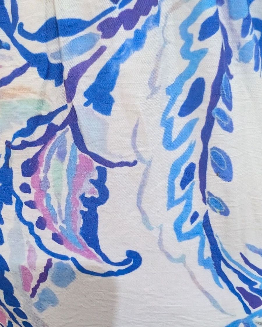 Robe longue femme écrue motifs bleus mauves Silwen