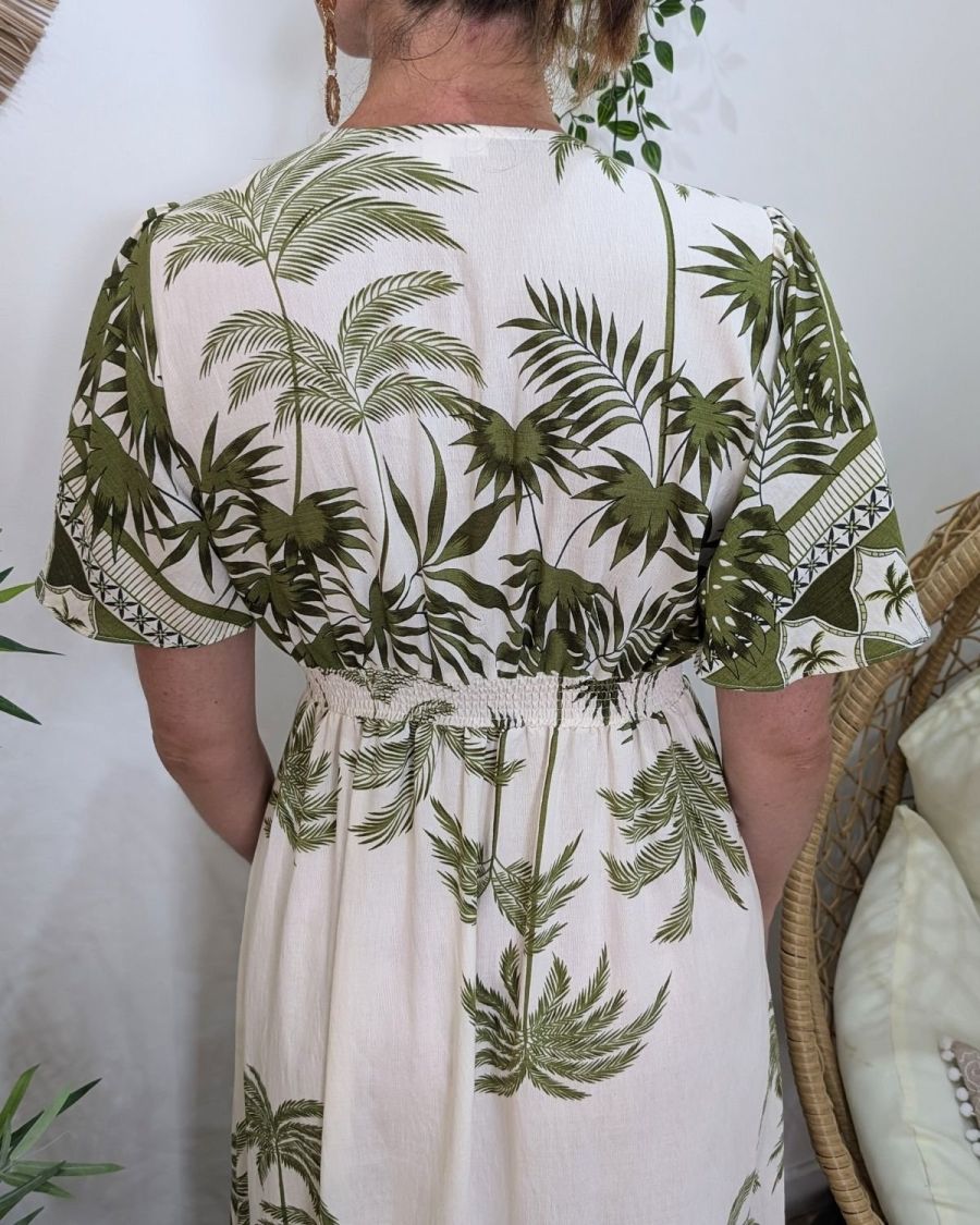 Robe longue femme beige motifs tropicaux kaki