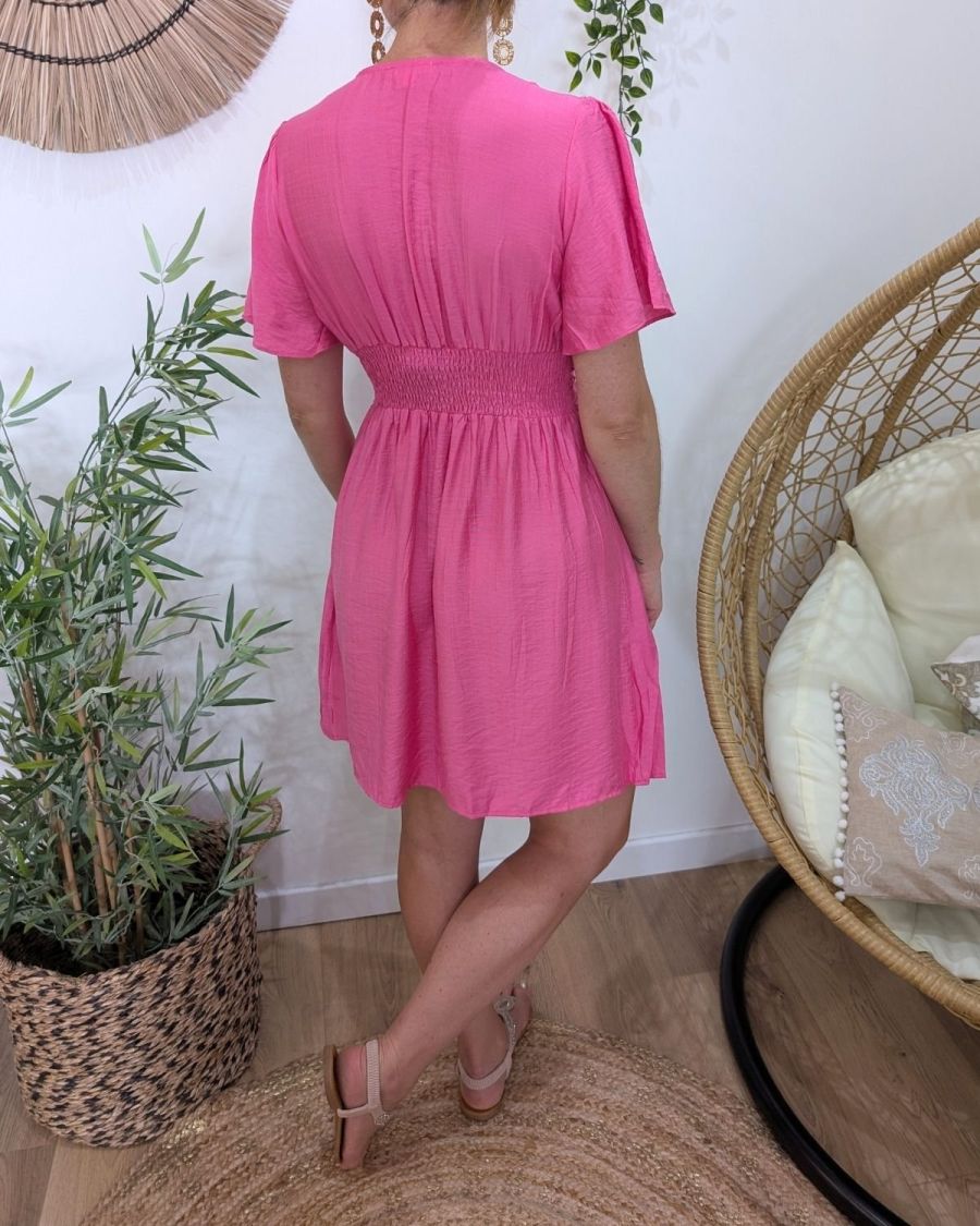 Robe femme rose fuchsia unie manches volantes Janelle