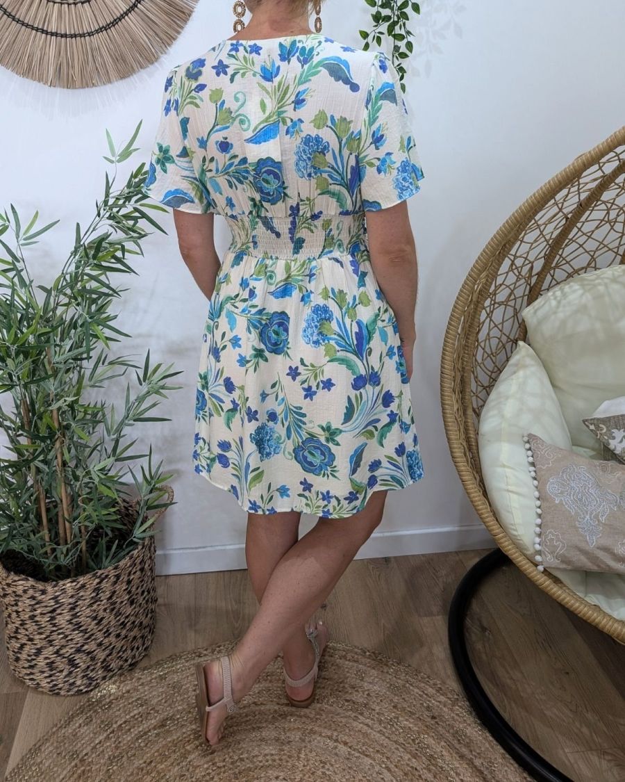 Robe femme écrue fleurs bleues et vertes manches volantes Orielle