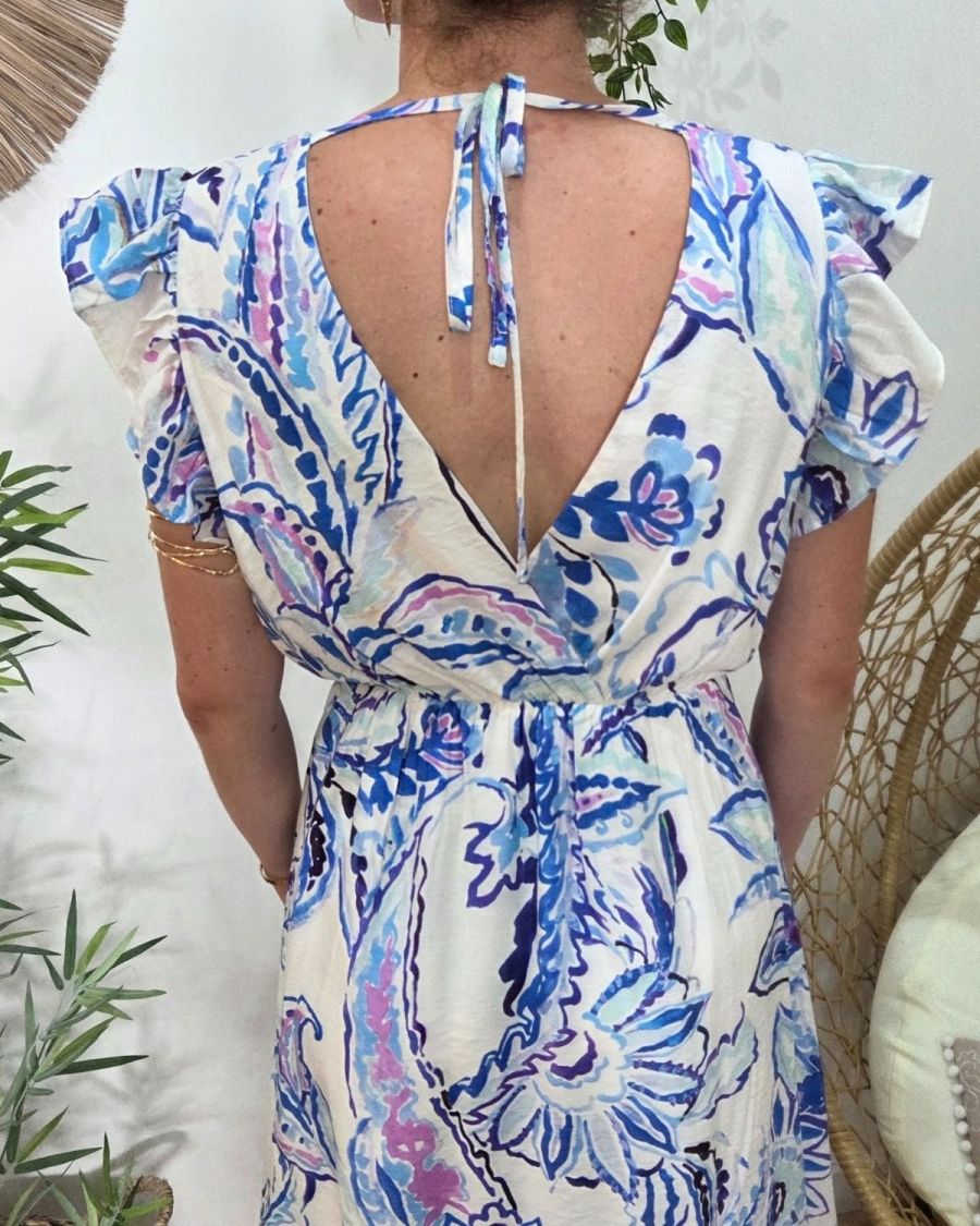 Robe femme écrue motifs bleus mauves Silwen