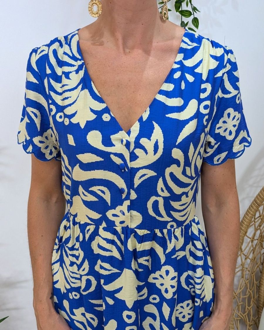 Robe femme évasée bleu roi et écrue Sérénaé