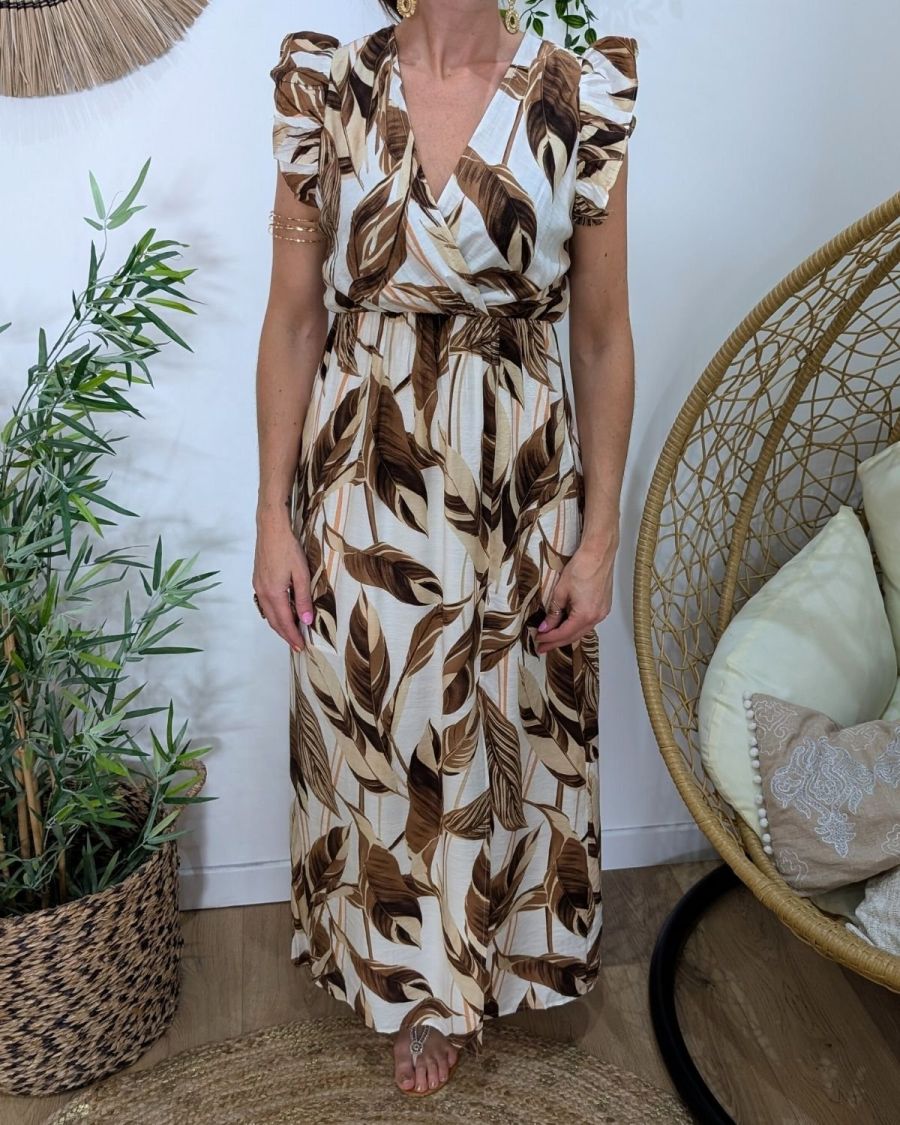 Robe longue femme écru feuillages marrons Maëlya