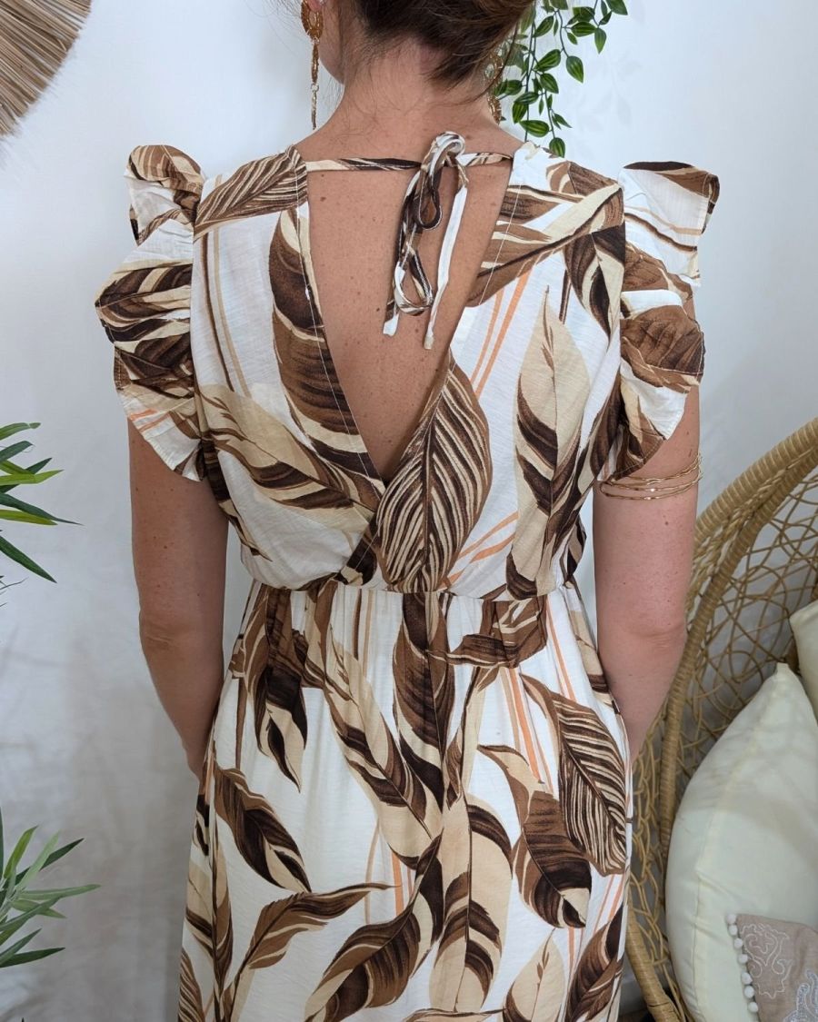 Robe longue femme écru feuillages marrons Maëlya
