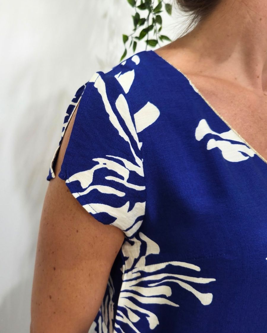 Robe femme droite bleue roi fleurs écrues Augustine