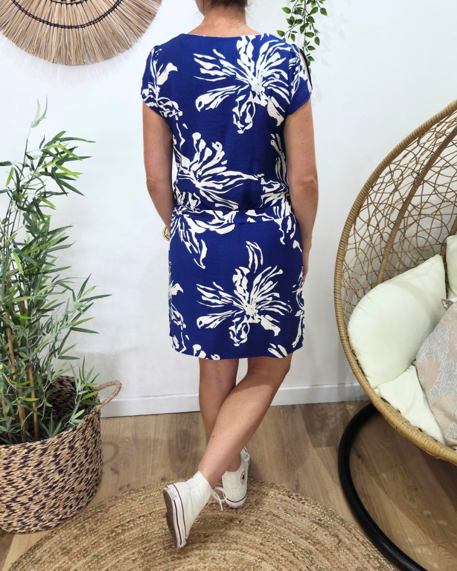 Robe femme droite bleue roi fleurs écrues Augustine