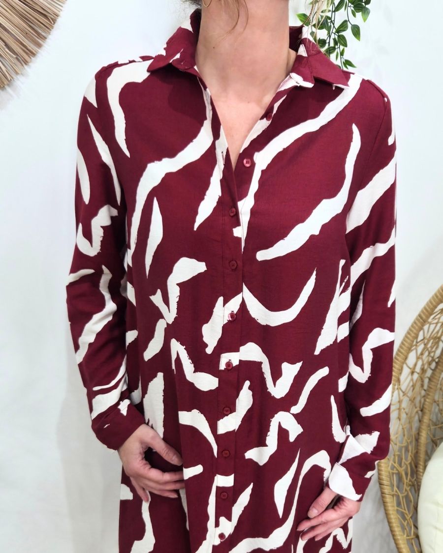 Robe chemise femme droite bordeaux et beige Axellea
