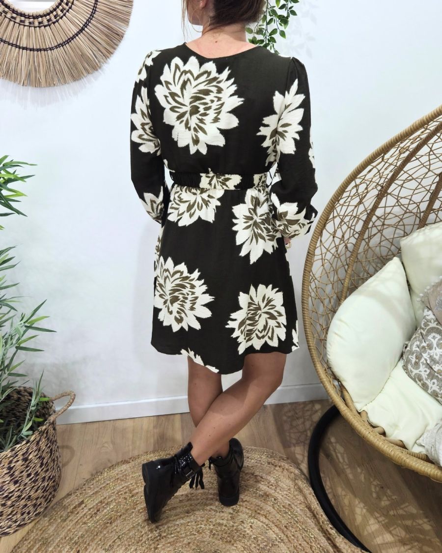 Robe femme kaki fleurs écrues Ophéa