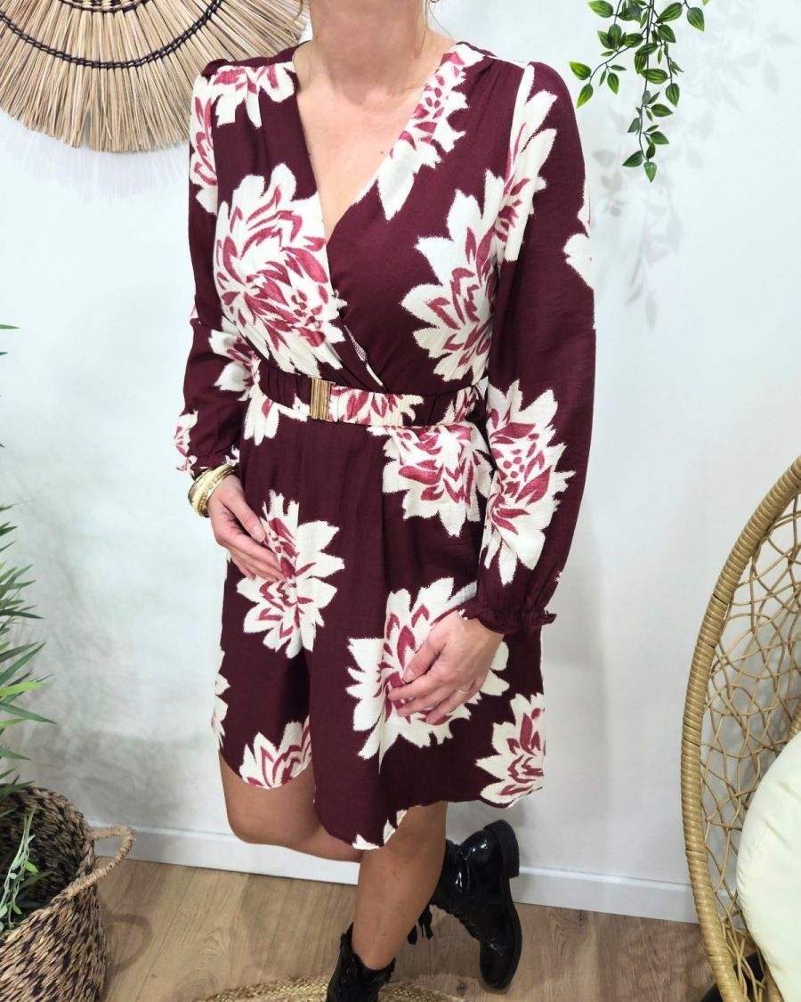 Robe femme bordeaux fleurs écrues Ophéa