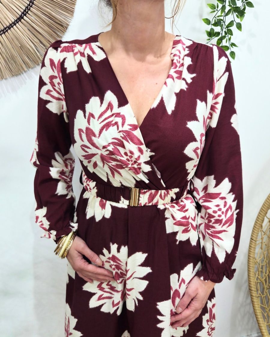 Robe femme bordeaux fleurs écrues Ophéa