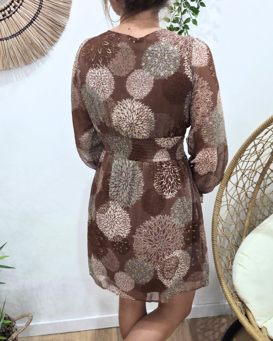 Robe femme marron fleurs kaki et taupes Lounaé