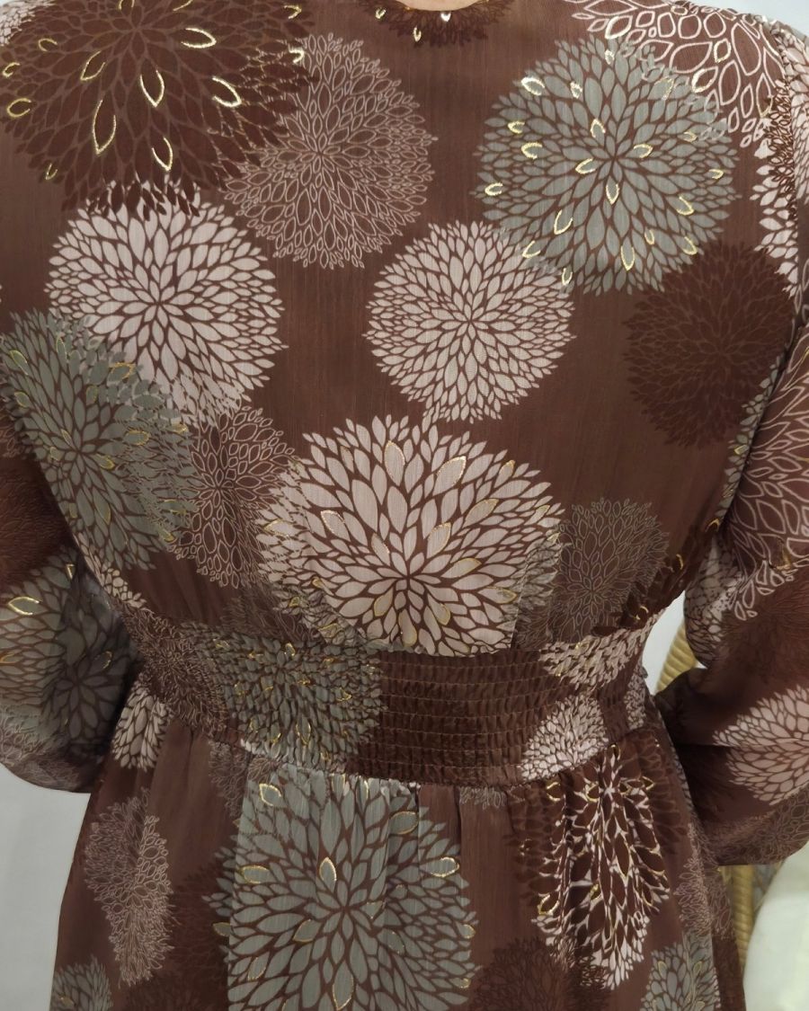 Robe femme marron fleurs kaki et taupes Lounaé