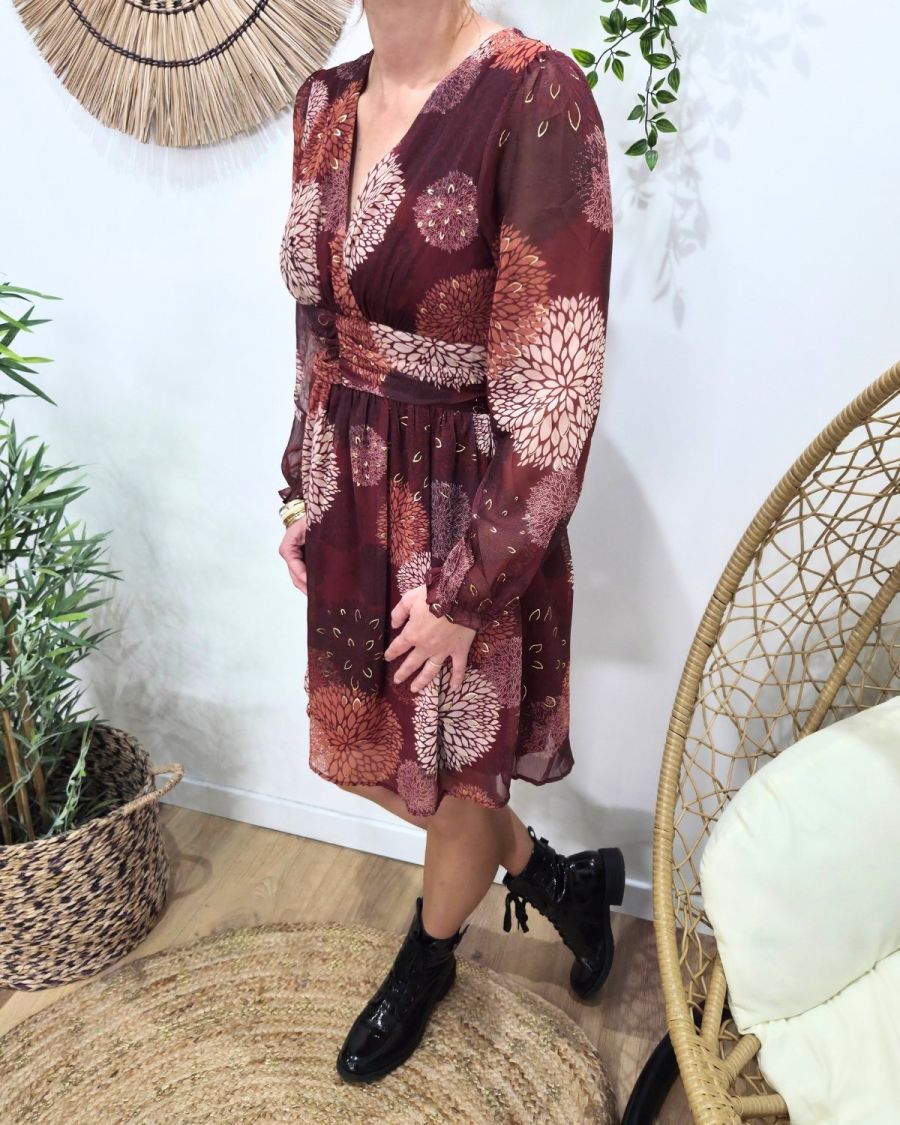 Robe femme bordeaux fleurs terracotta beiges et dorures Lounaé