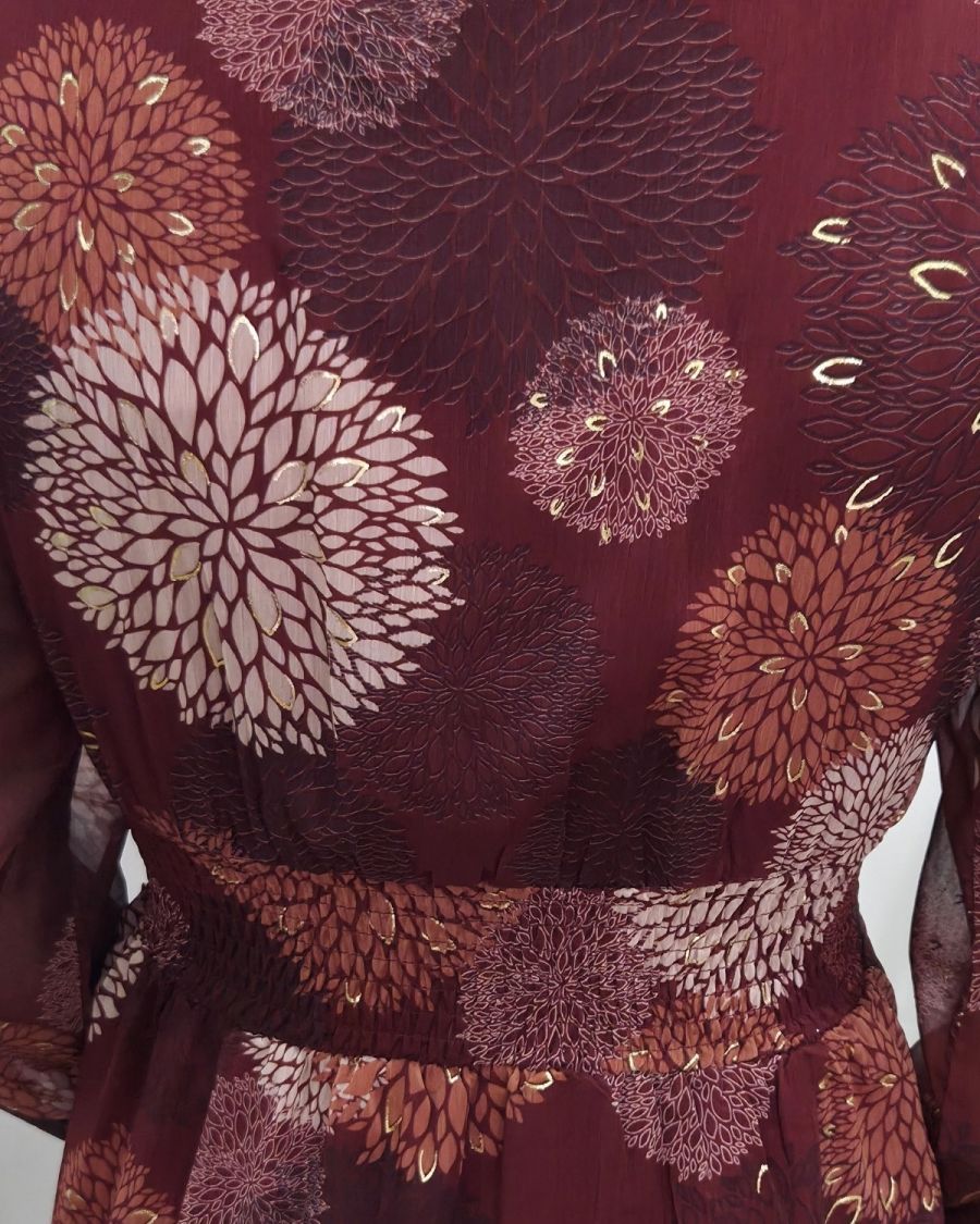 Robe femme bordeaux fleurs terracotta beiges et dorures Lounaé