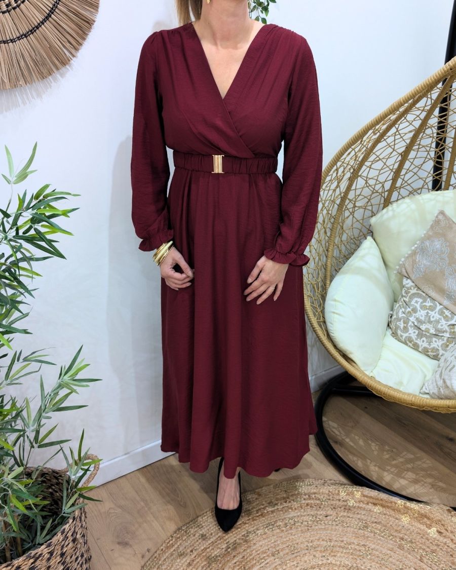Robe longue femme unie rouge bordeaux manches longues Izia
