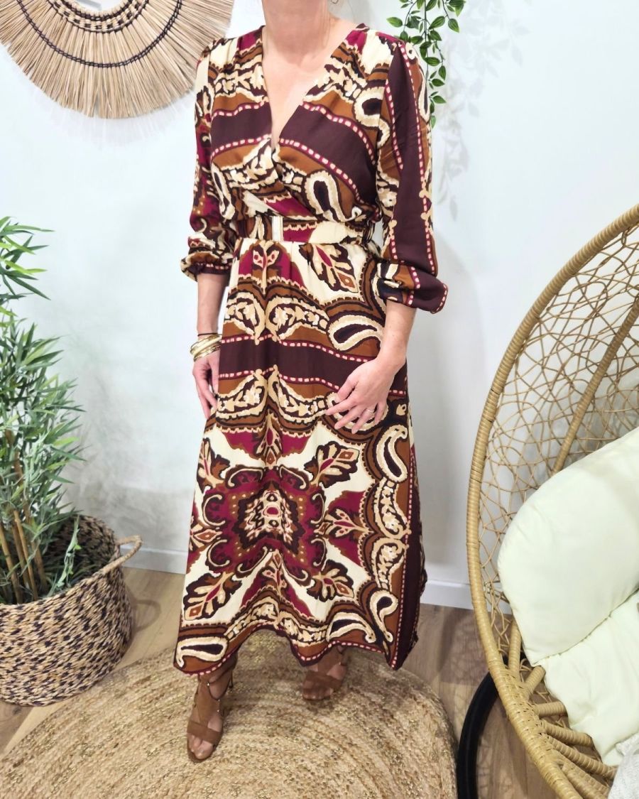 Robe longue femme bordeaux motifs prunes camels et beiges Malia