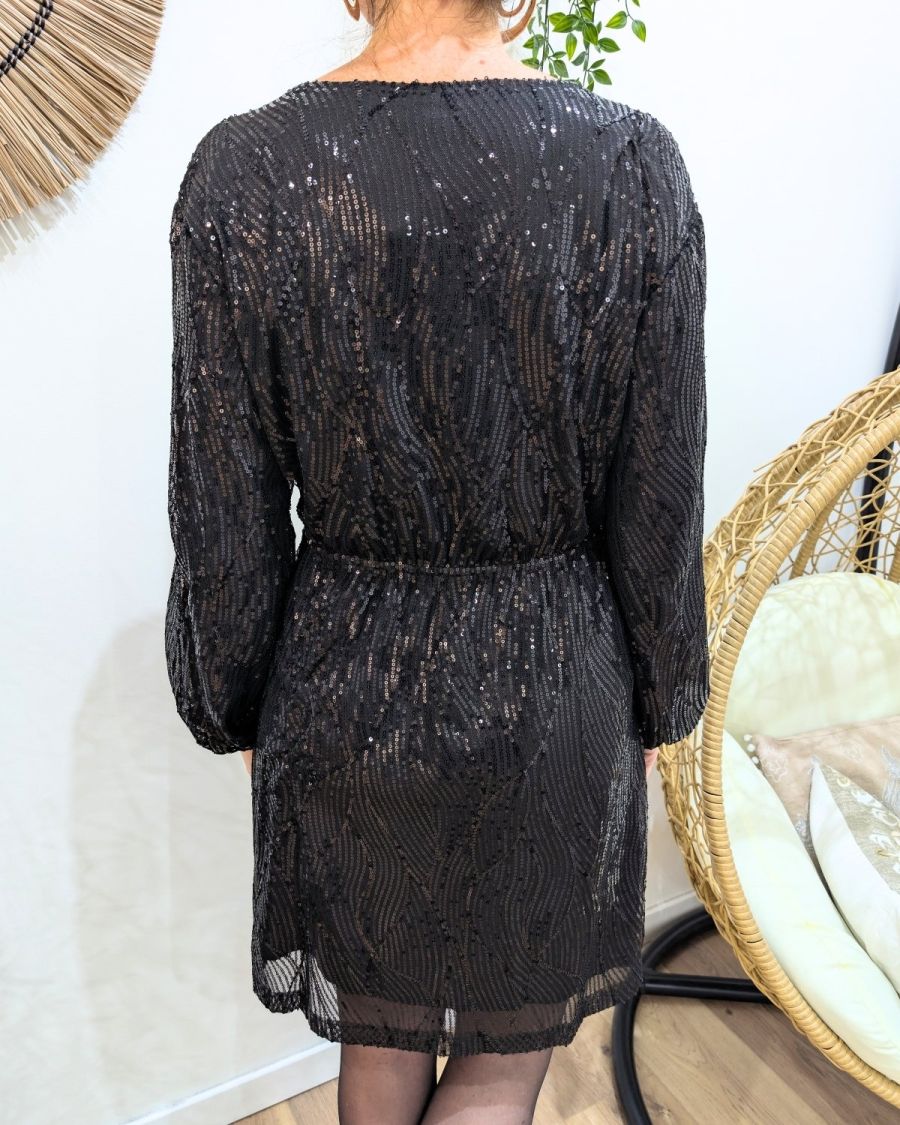 Robe femme noire à sequins et broche Izel