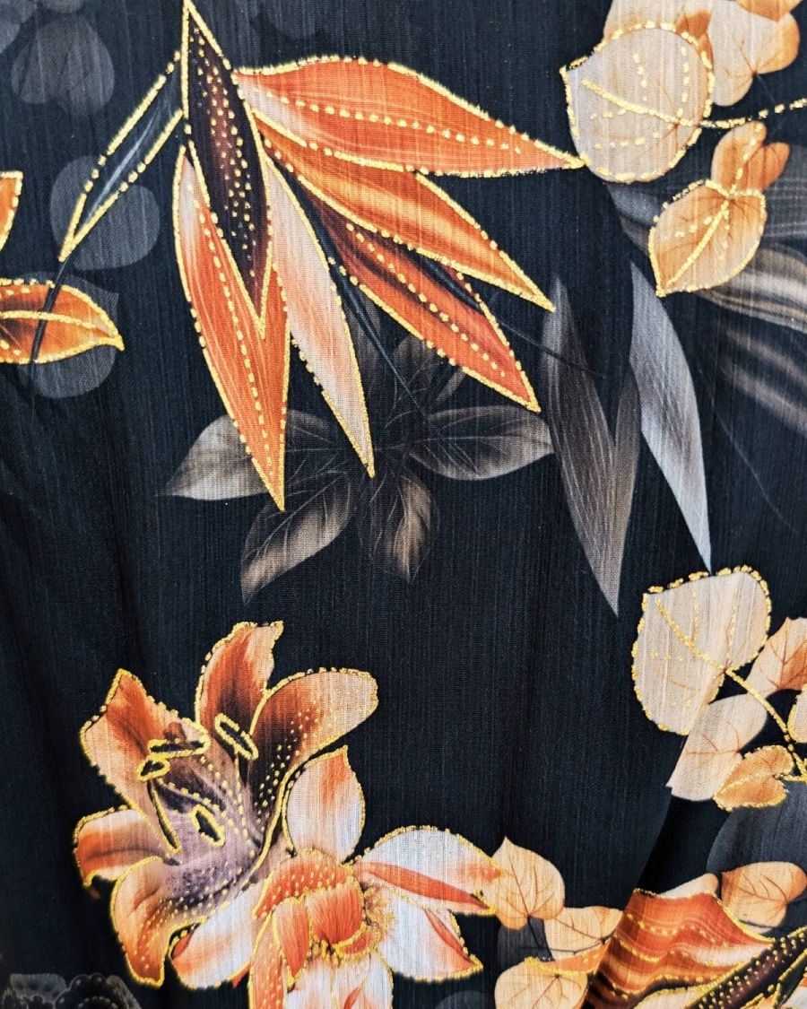 Robe longue femme noire fleurs terracotta et dorures Clara