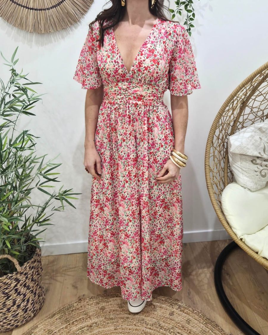Robe longue femme écrue fleurs roses rouges Noémie