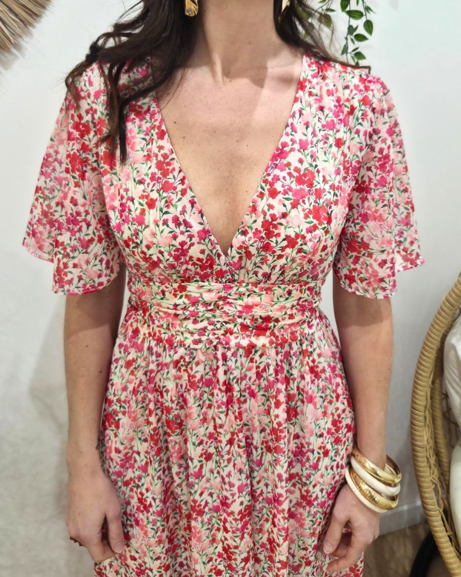 Robe longue femme écrue fleurs roses rouges Noémie