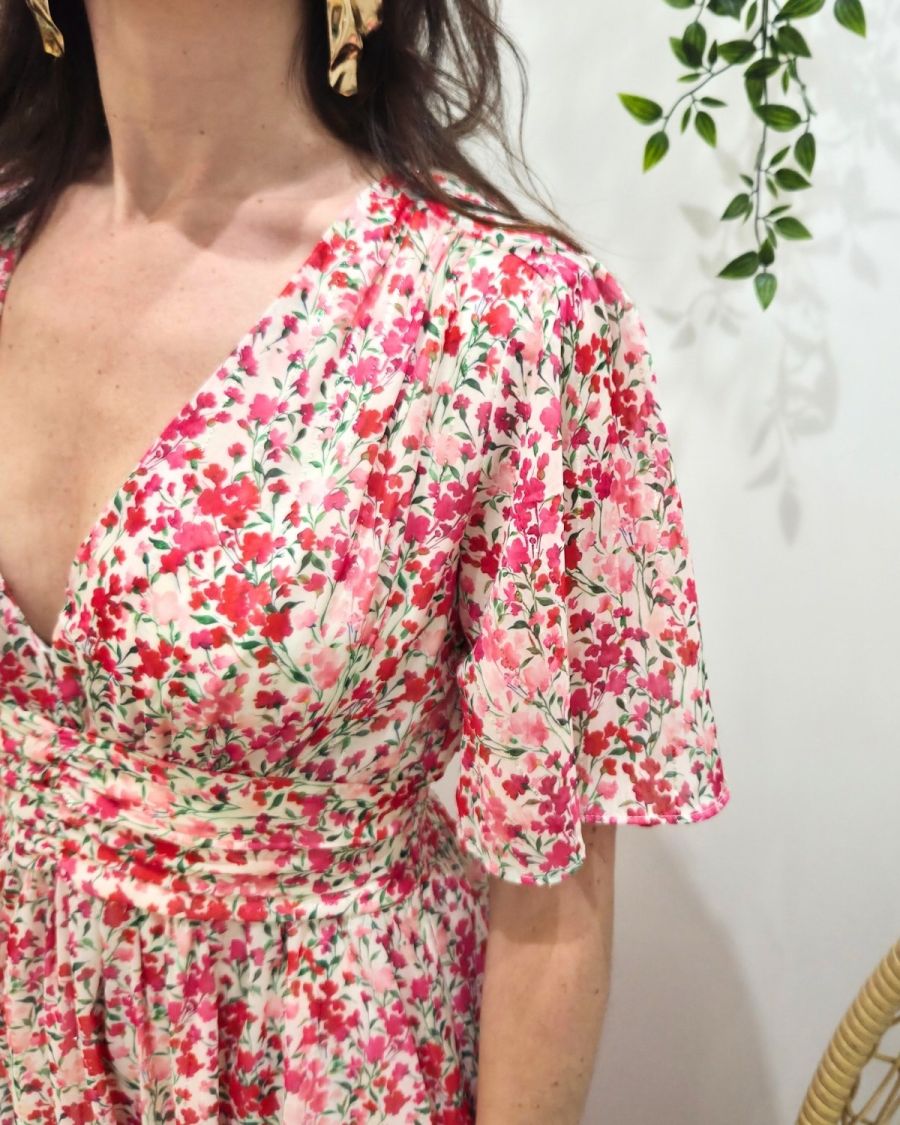 Robe longue femme écrue fleurs roses rouges Noémie