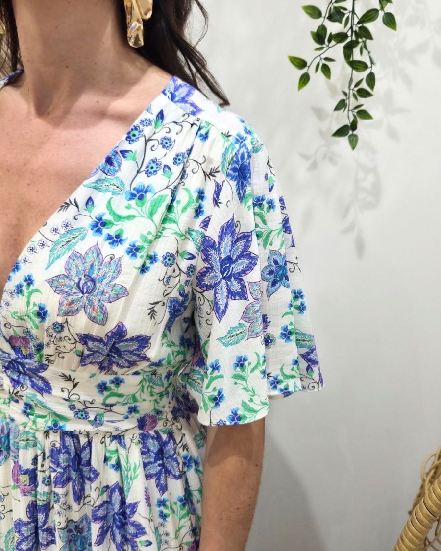 Robe longue femme écrue fleurs bleues et vertes Cassiopea