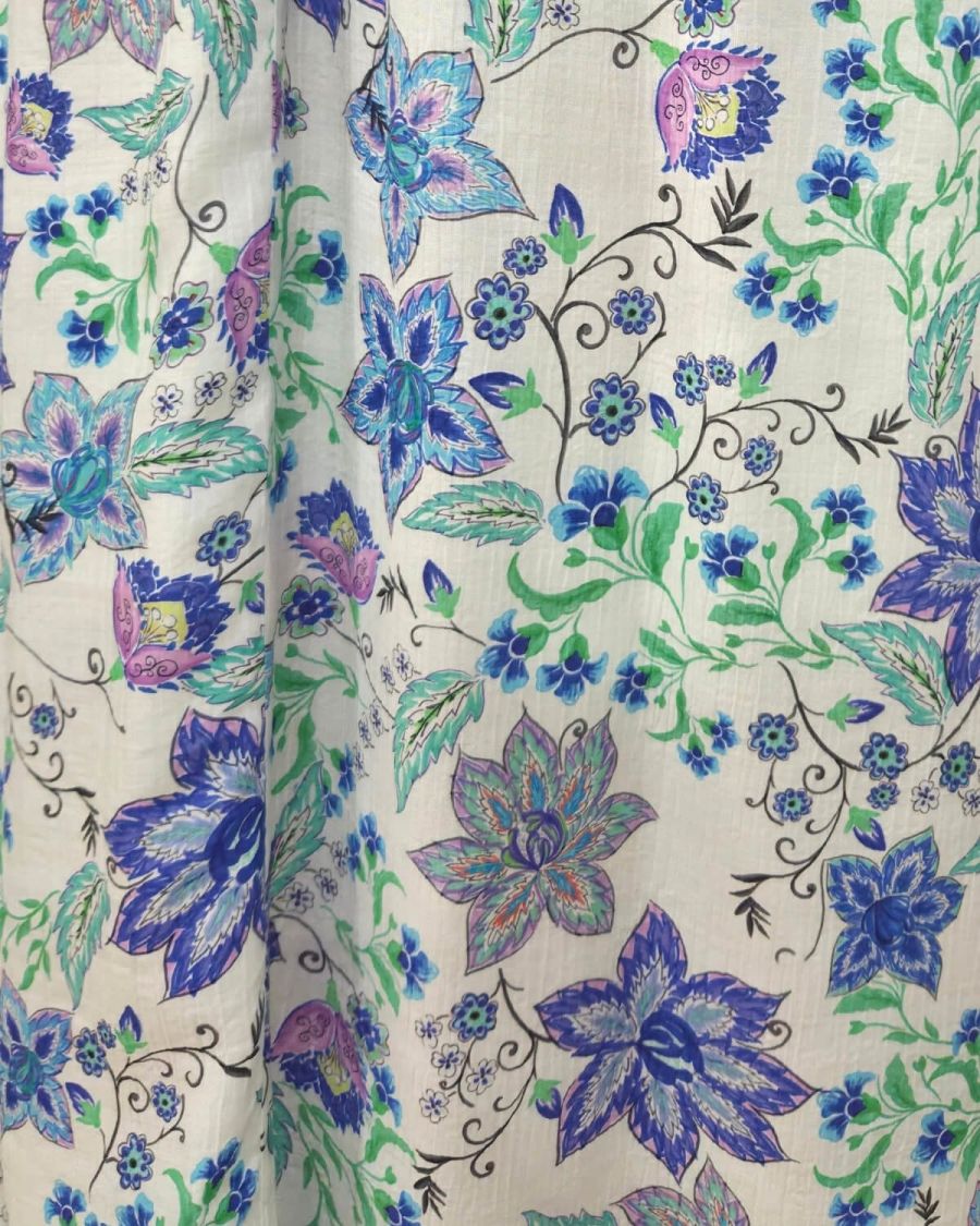 Robe longue femme écrue fleurs bleues et vertes Cassiopea