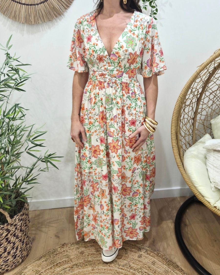 Robe longue femme écrue fleurs oranges et vertes Cassiopea