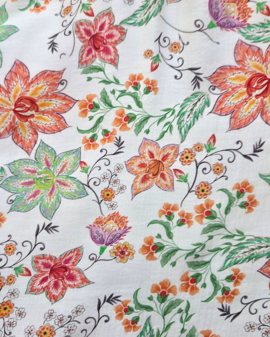 Robe longue femme écrue fleurs oranges et vertes Cassiopea
