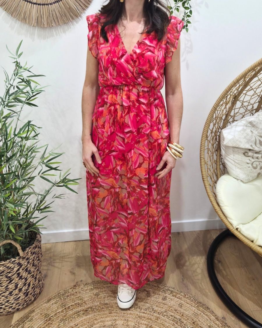 Robe longue femme fuchsia orange kaki manches à volants Zéphina