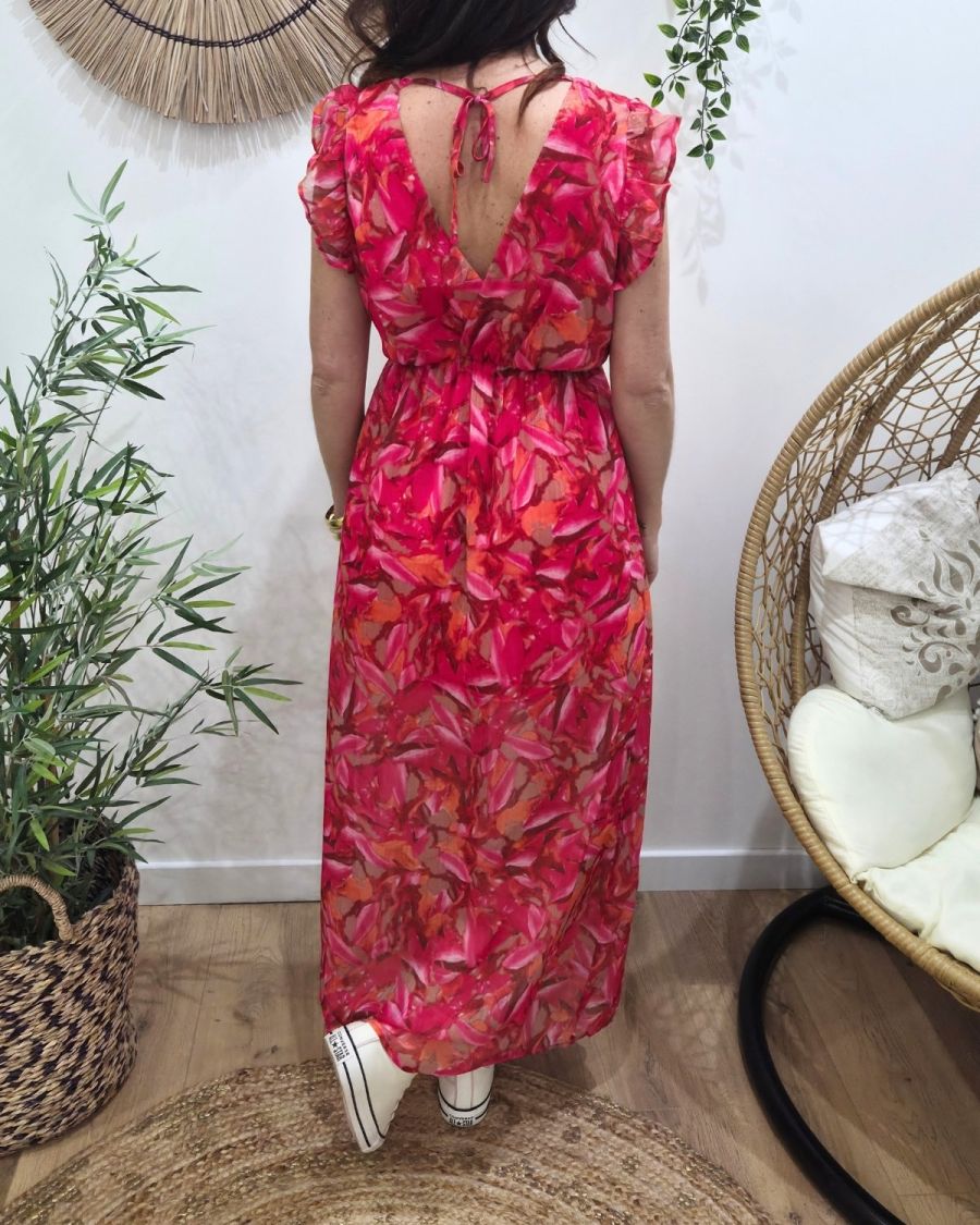 Robe longue femme fuchsia orange kaki manches à volants Zéphina