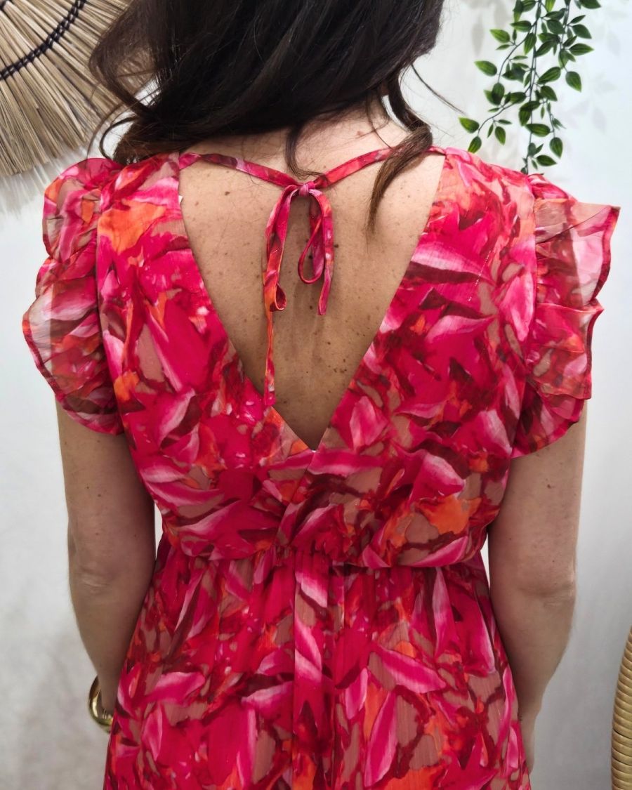 Robe longue femme fuchsia orange kaki manches à volants Zéphina