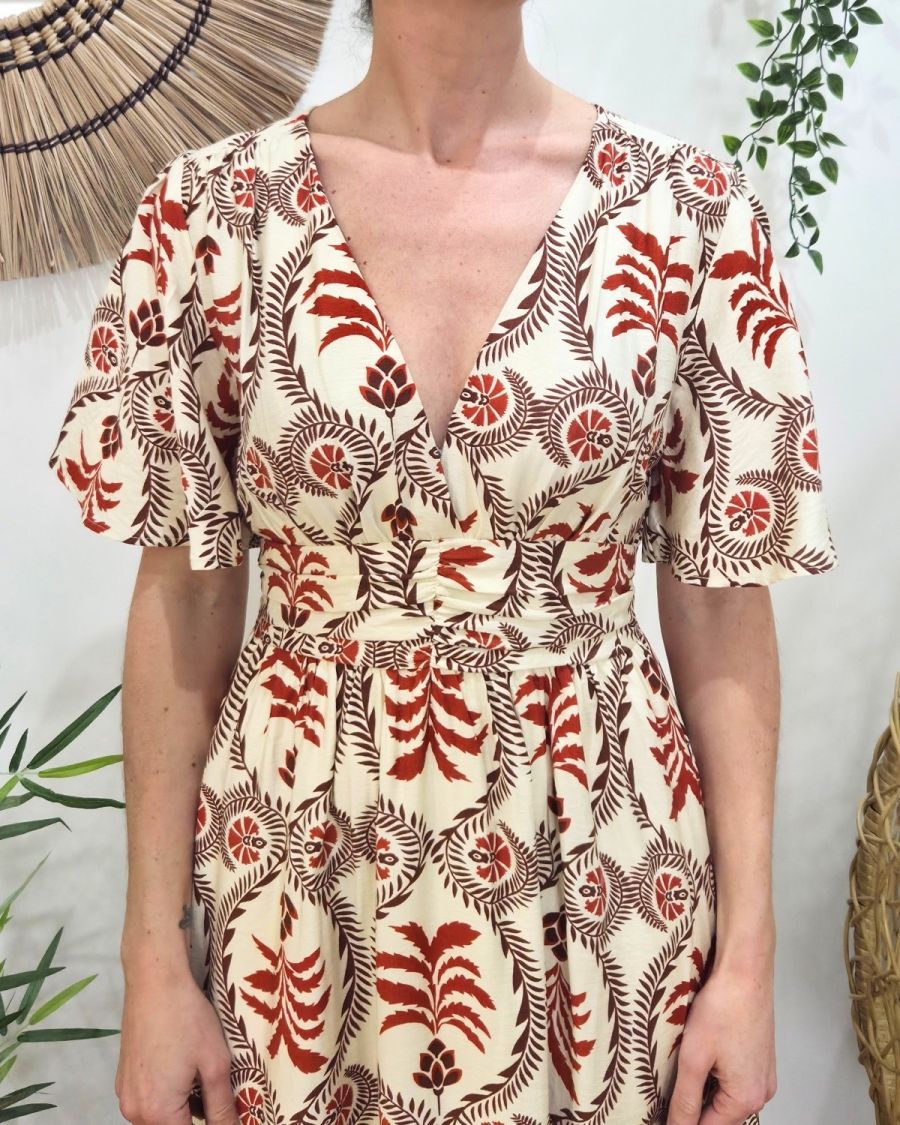 Robe longue femme écru motifs terracotta Violante