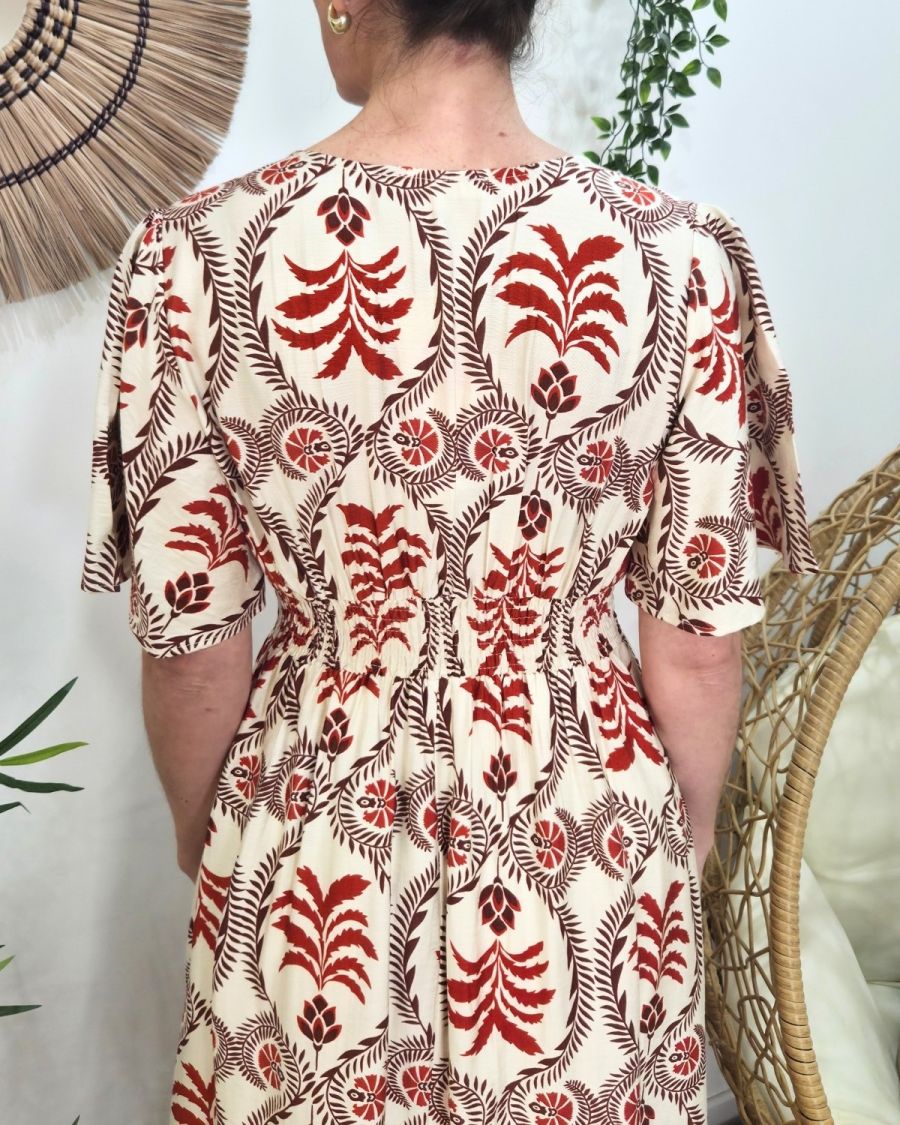 Robe longue femme écru motifs terracotta Violante