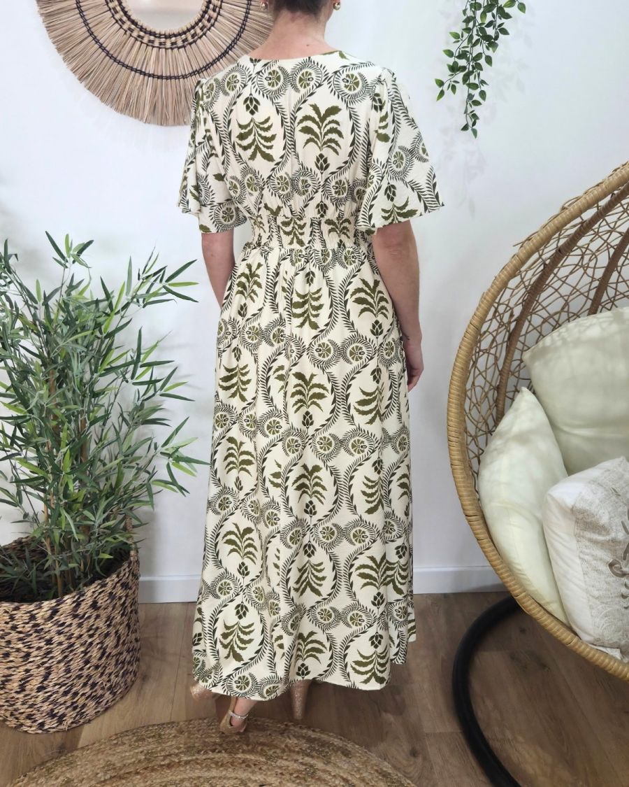 Robe longue femme écru motifs Kaki Violante