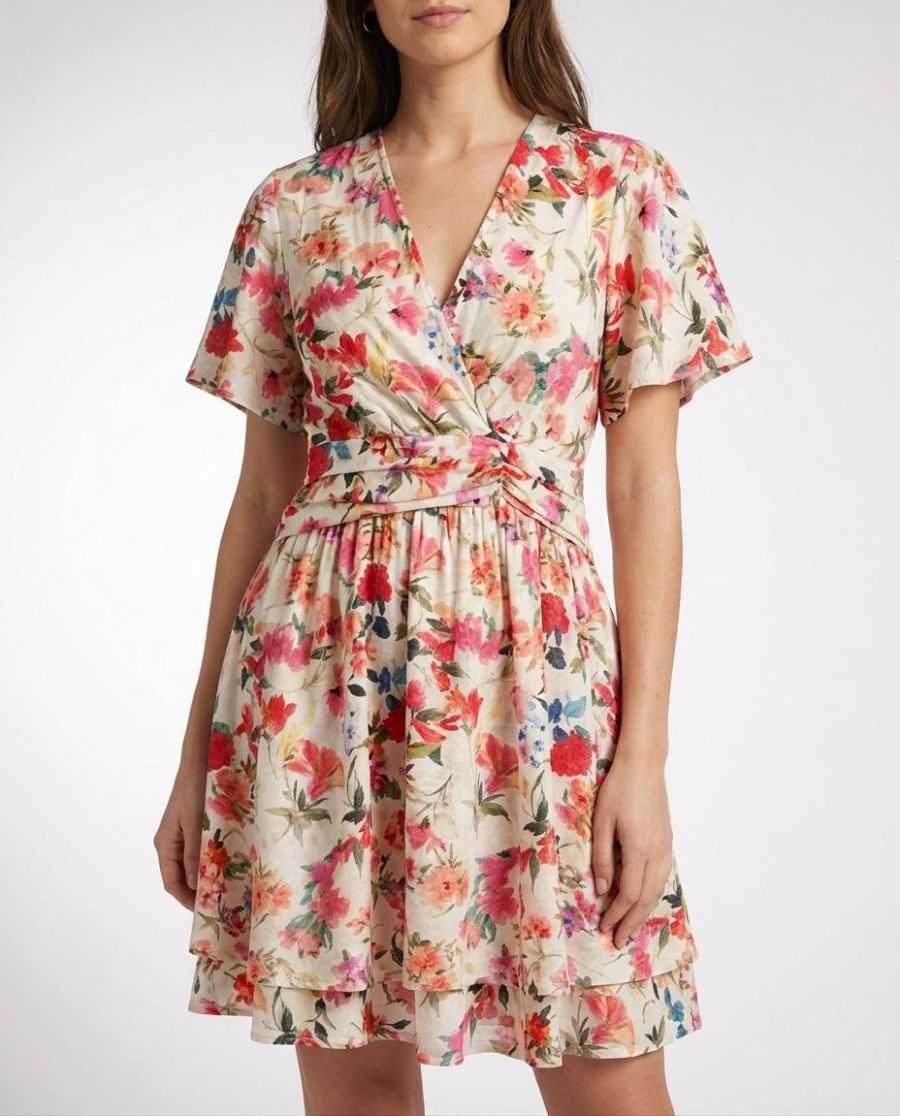 Robe courte femme écrue fleurs roses orangées fluide été Aurelia
