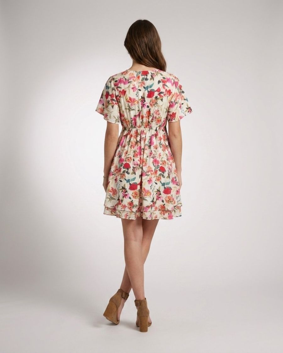 Robe courte femme écrue fleurs roses orangées fluide été Aurelia
