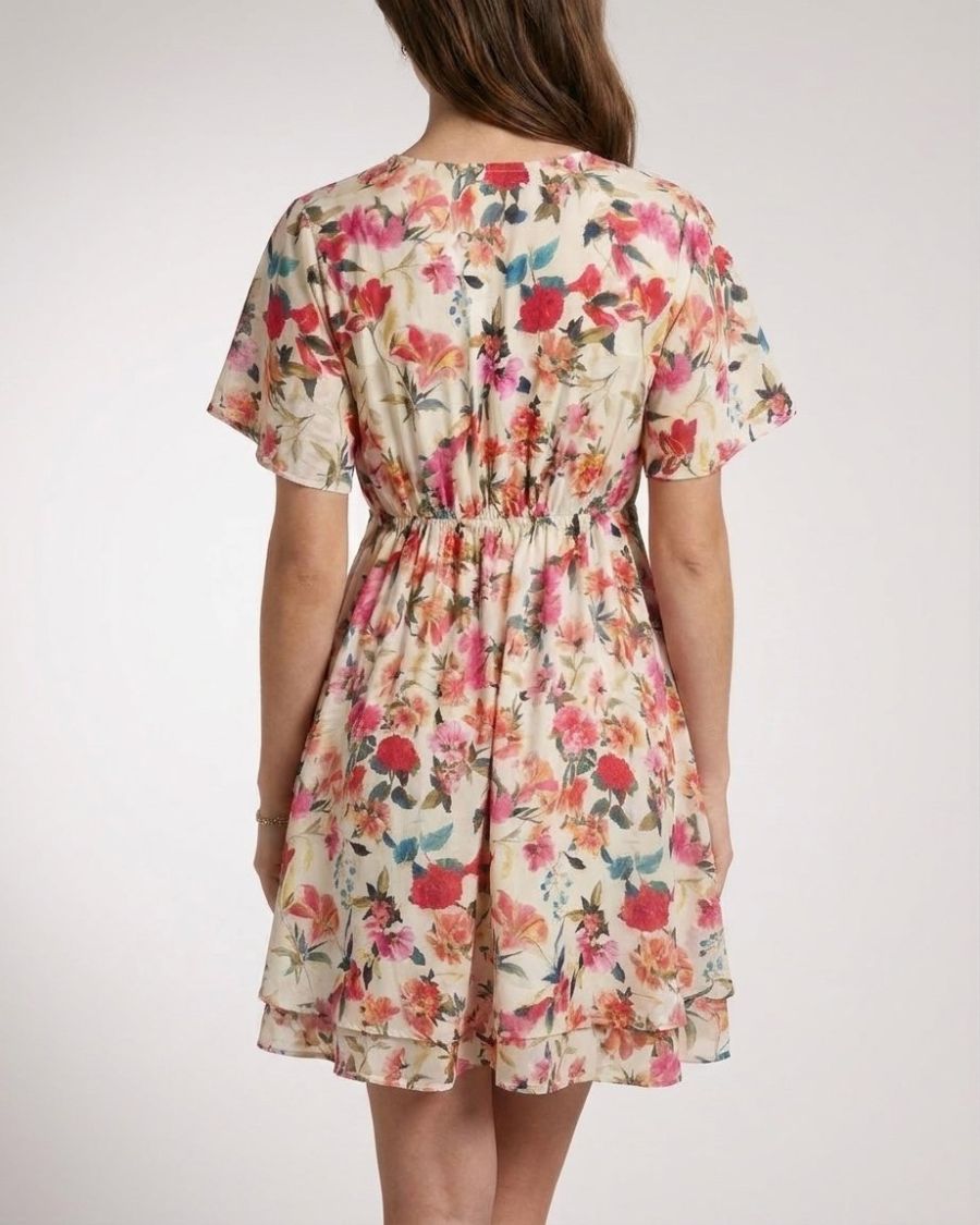 Robe courte femme écrue fleurs roses orangées fluide été Aurelia
