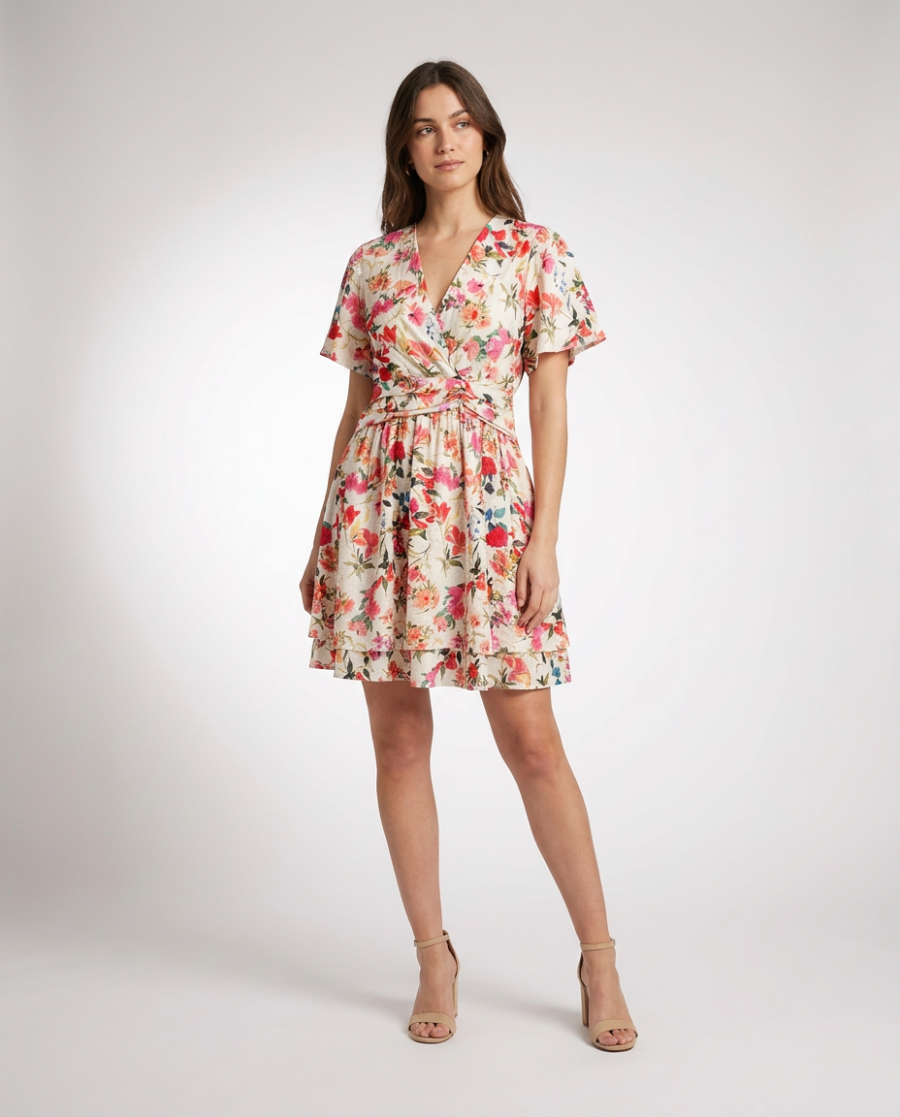 Robe courte femme écrue fleurs roses orangées fluide été Aurelia