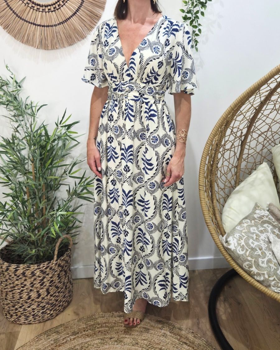 Robe longue femme écrue motifs bleus Violante