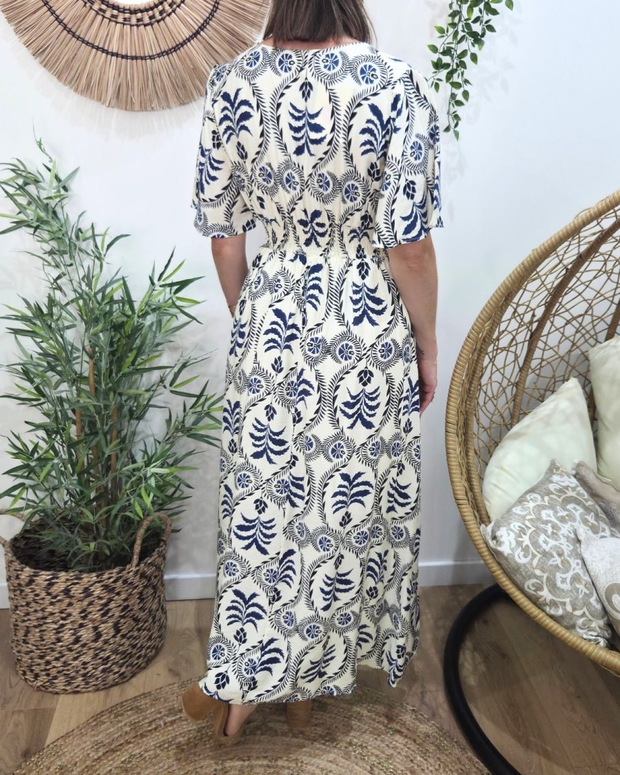 Robe longue femme écrue motifs bleus Violante