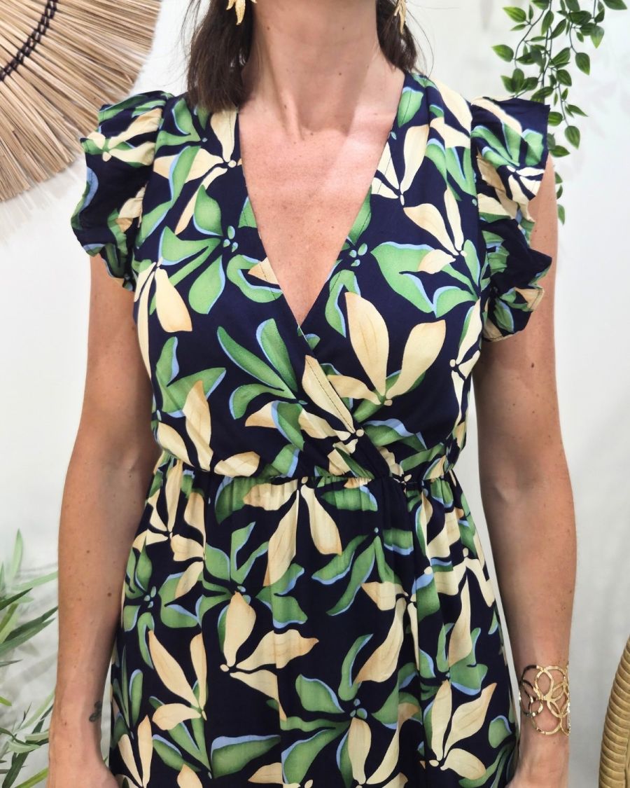  Robe longue femme marine feuilles vertes et beiges
