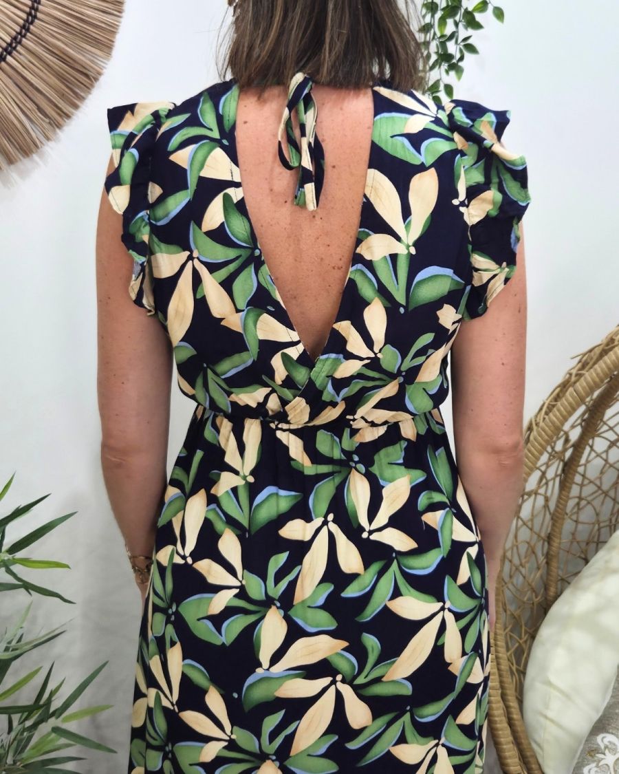  Robe longue femme marine feuilles vertes et beiges