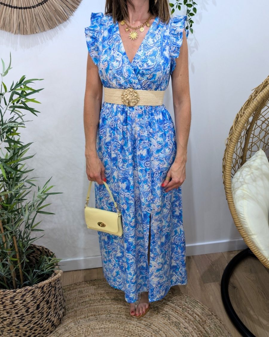 Robe longue femme à motifs fleuris bleue Amandine