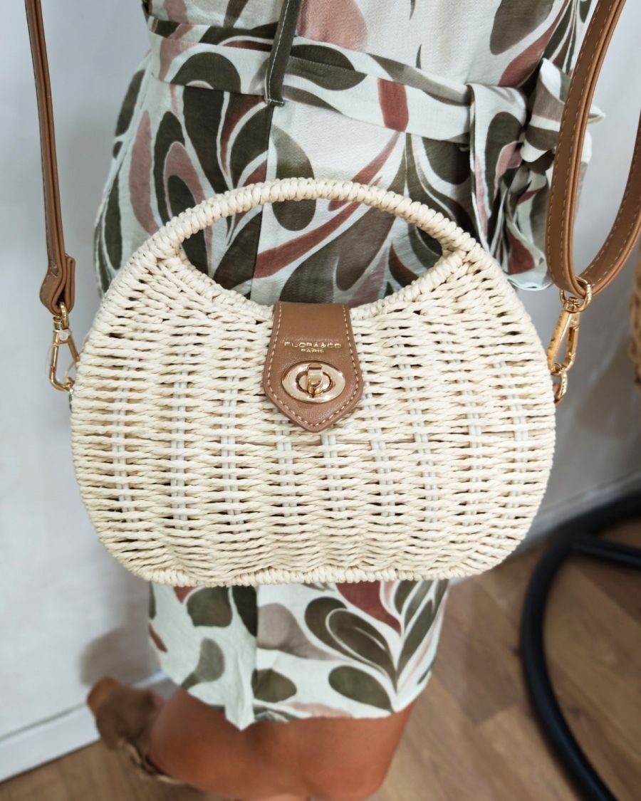 Sac à bandoulière en paille beige rigide rond