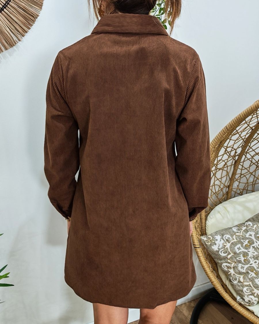  Robe courte droite femme velours cotelé marron