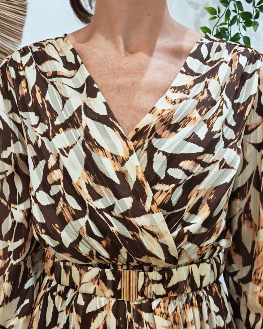 Robe longue femme marron et beige liseré doré Amora